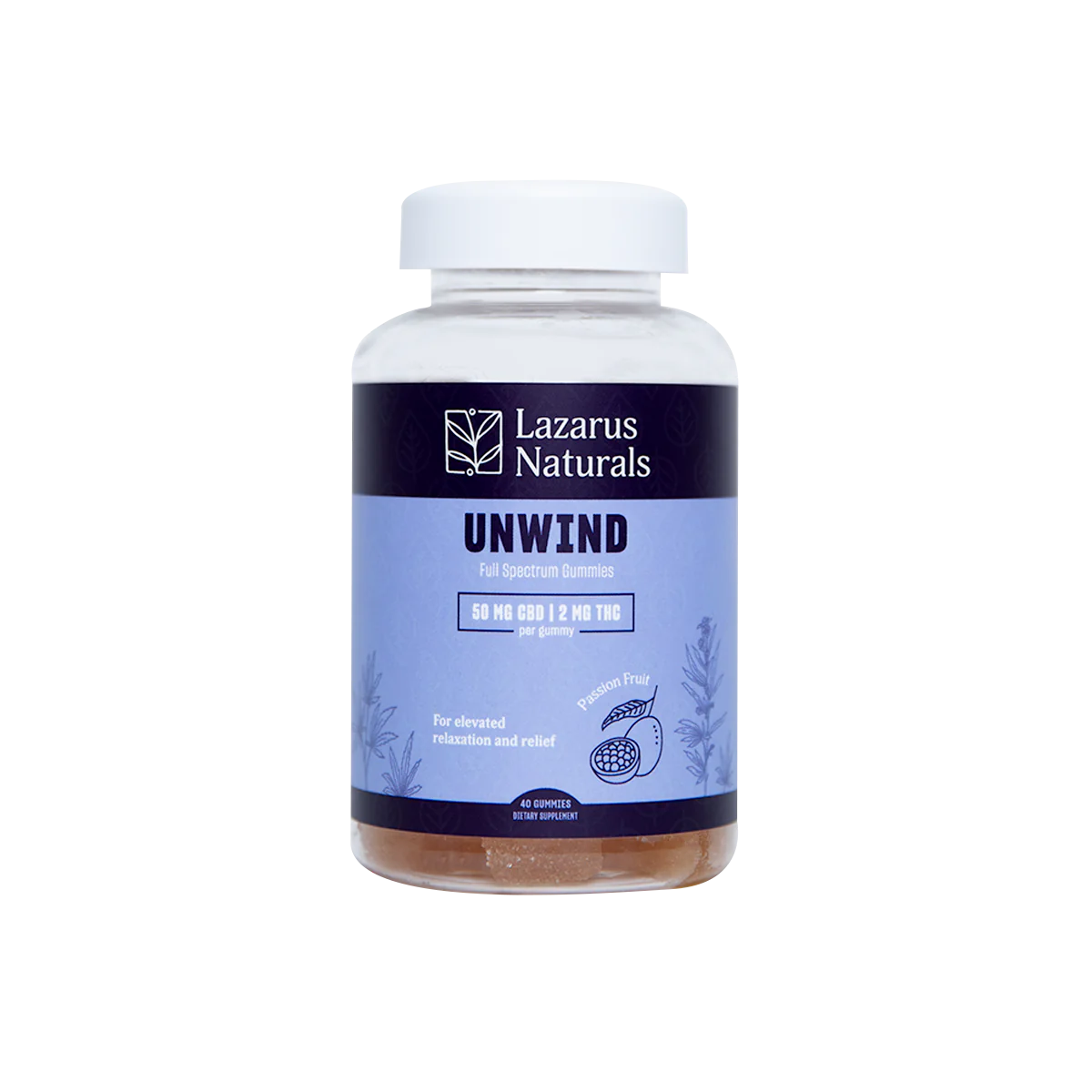 Lazarus Naturals Unwind Full Spectrum CBD + THC Gummies – Passion Fruit – 40ct