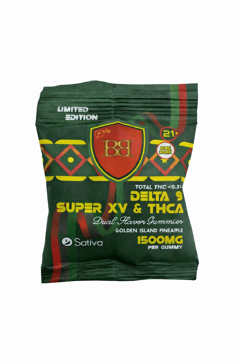 bud buddy thca delta 9 super xv gummy golden island pineapple dual flavor 1500mg 1ct