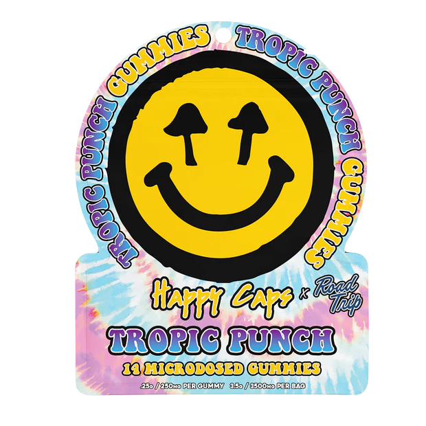 Happy Caps x Road Trip Microdosed Gummies Tropic Punch 14ct functional mushroom gummy pouch