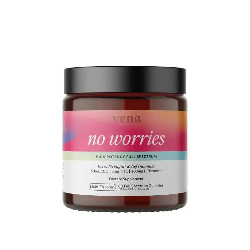 CBD Edibles - Multi-Flavored No Worries Stress Relief Gummies + THC - 55mg - By Vena - 30 Count Jar
