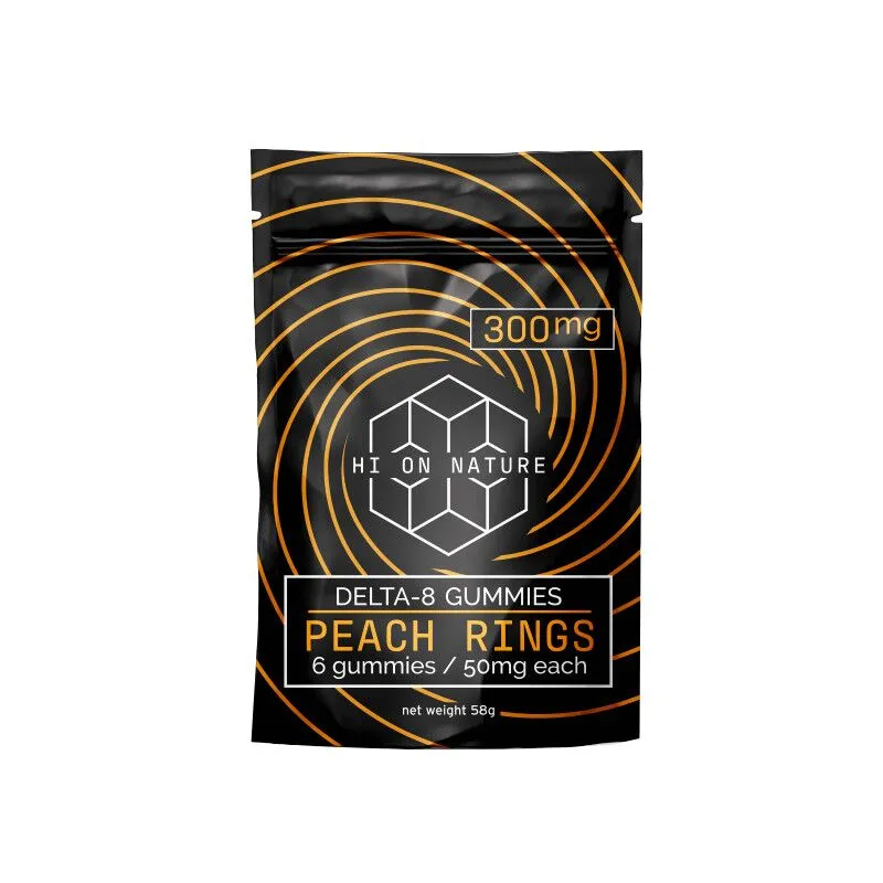 THC Edibles - Peach Ring D8 Gummies - 50mg - By Hi On Nature - 300mg Bag