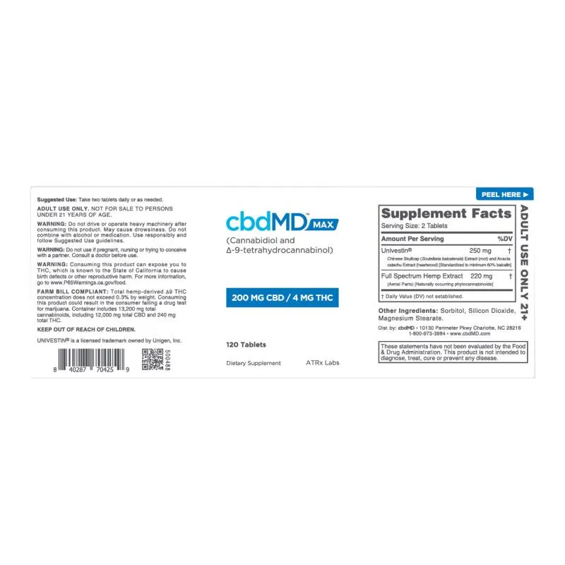 cbdMD - CBD Oil - CBD + THC Max For Pain Capsules - 204mg - 120ct Bottle Label