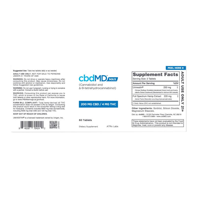 cbdMD - CBD Oil - CBD + THC Max For Pain Capsules - 204mg - 60ct Bottle Label