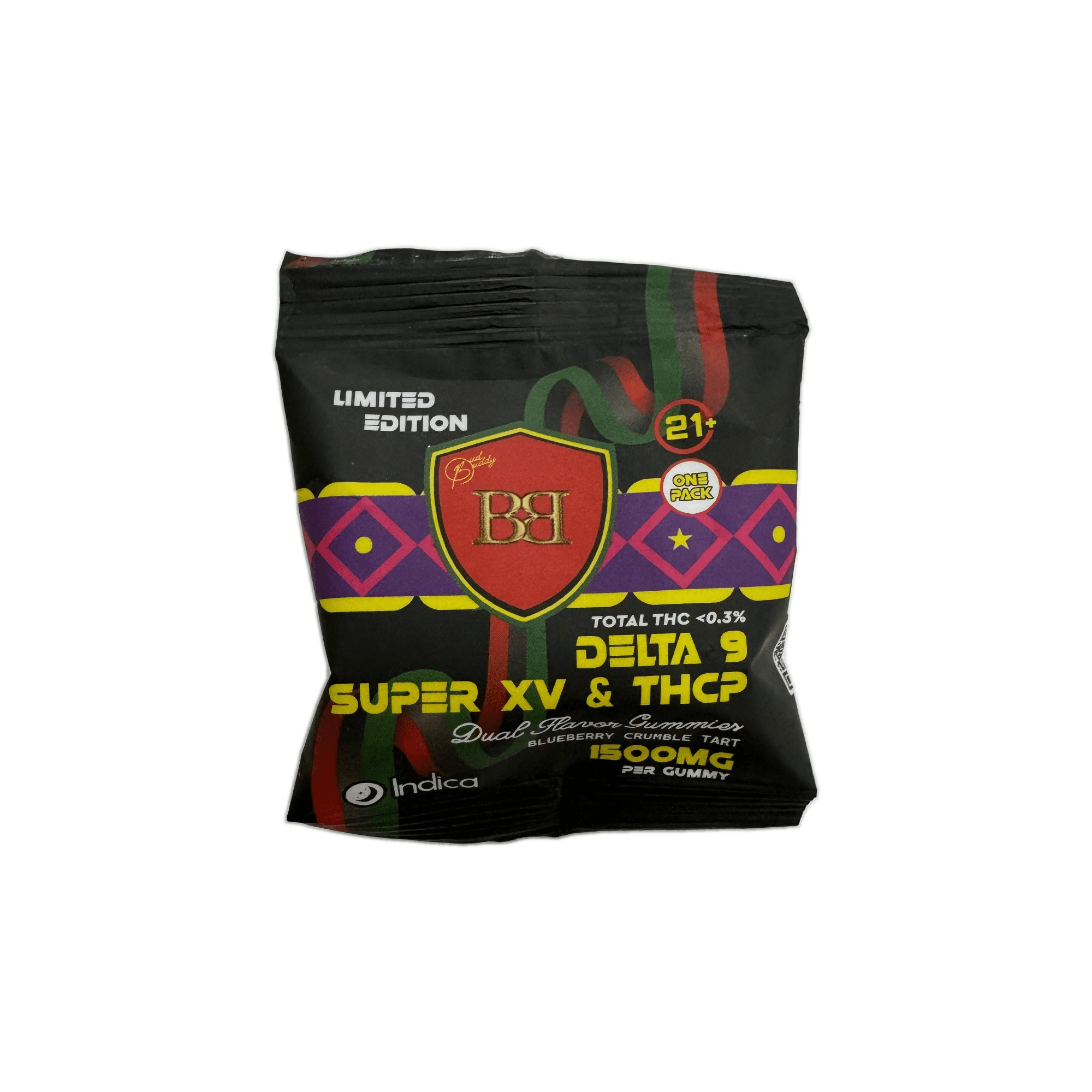 bud buddy super xv delta 9 thcp gummy blueberry crumble tart dual flavor 1500mg 1ct