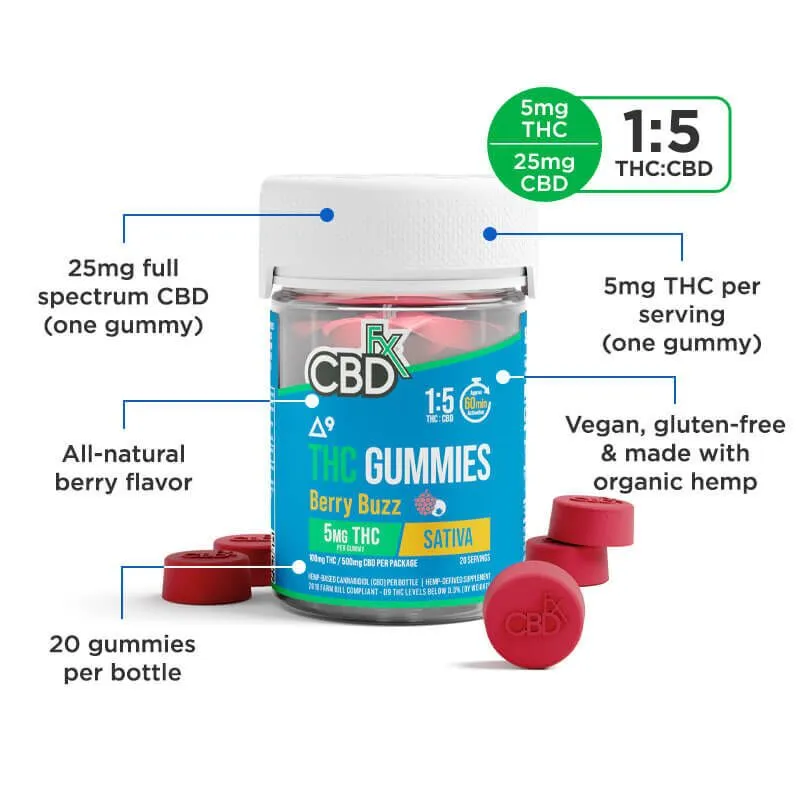 THC Gummies + CBD - Berry Buzz Sativa - CBDfx Info 20 Count