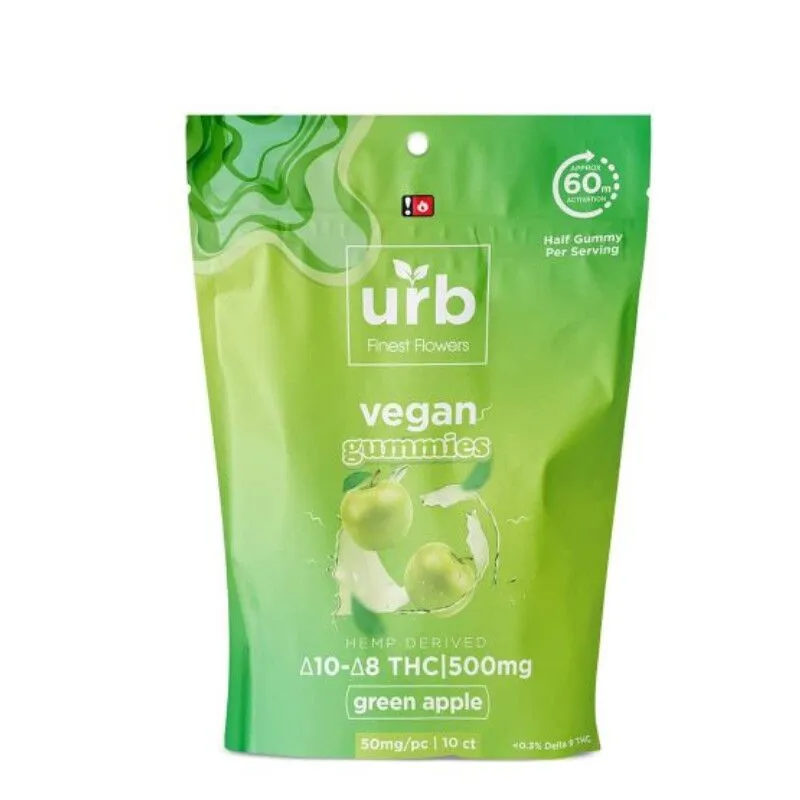 Urb Finest Flowers - Delta 8 Edible - D8:D10 Vegan Gummies - Green Apple - 50mg - 500mg