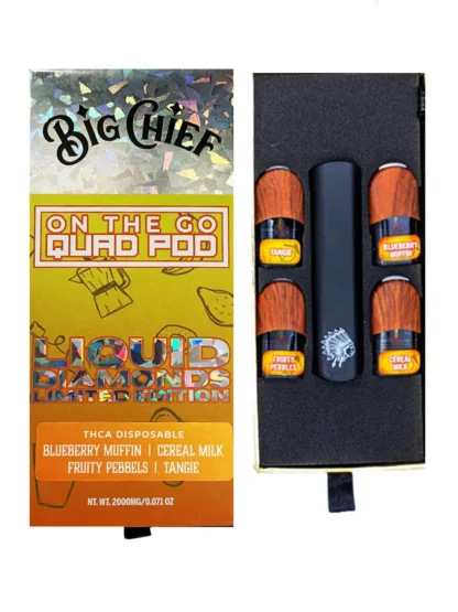 big chief on the go quad pod liquid diamonds thca disposable blueberry muffin cereal milk fruity pebbles tangie
