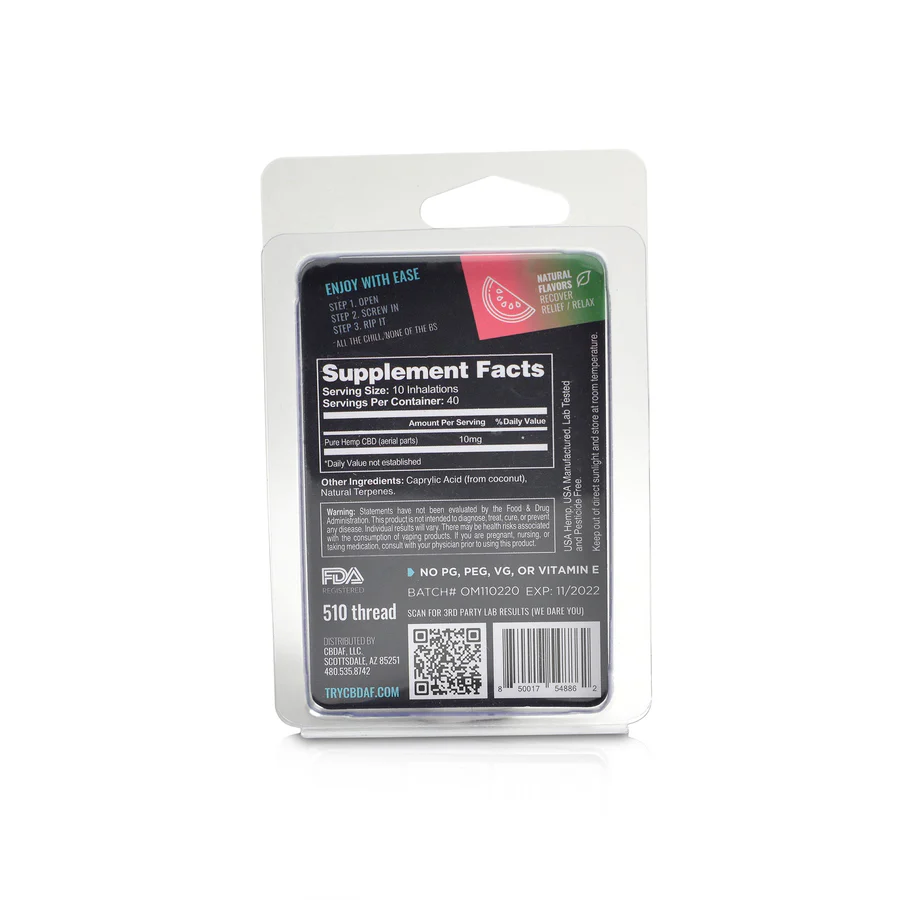 CBDaF! Pure Hemp CBD Cartridge 1mL 400mg Isolate Watermelon - Image 2