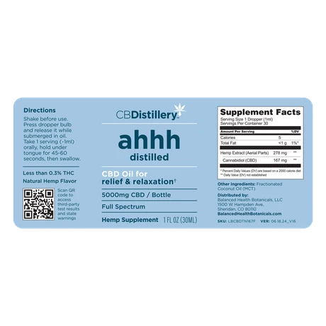 CBDistillery – ahhh Distilled Relief & Relaxation Full Spectrum CBD Oil – 5000MG – 30ml - Image 2