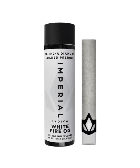 Imperial White Fire OG THCA Diamond Loaded Preroll 2g – Indica strain with 1.5g flower and 0.5g THCA diamonds