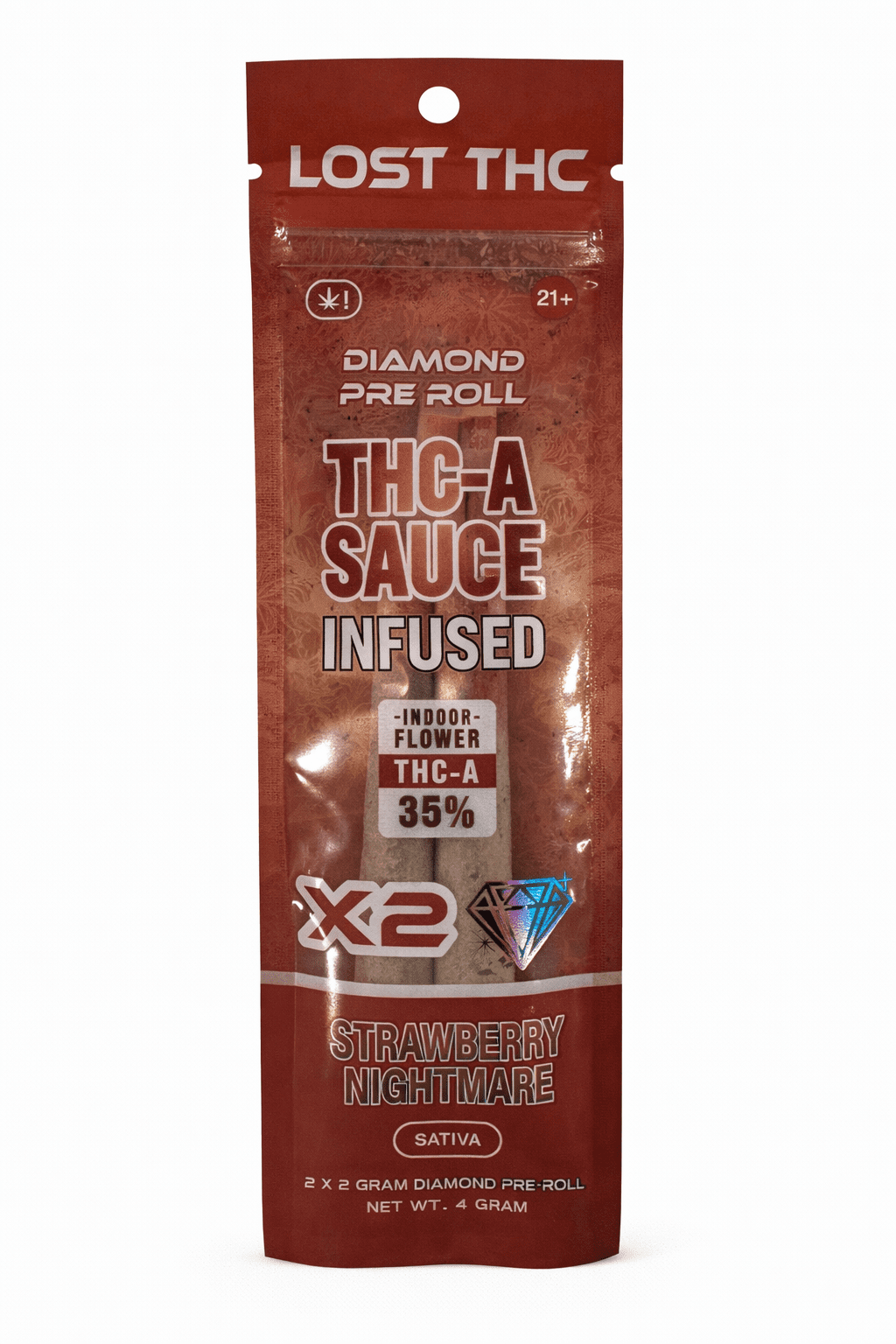Lost THC Strawberry Nightmare THCa sauce infused pre-rolls 35 percent THCa 2ct 4g sativa