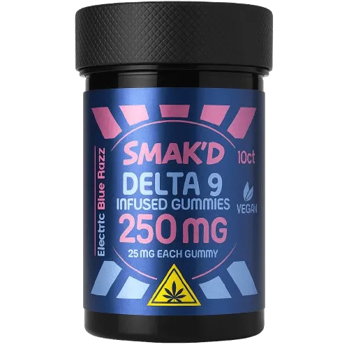 Smak’d Delta 9 Electric Blue Razz 250mg 10ct Vegan Gummies