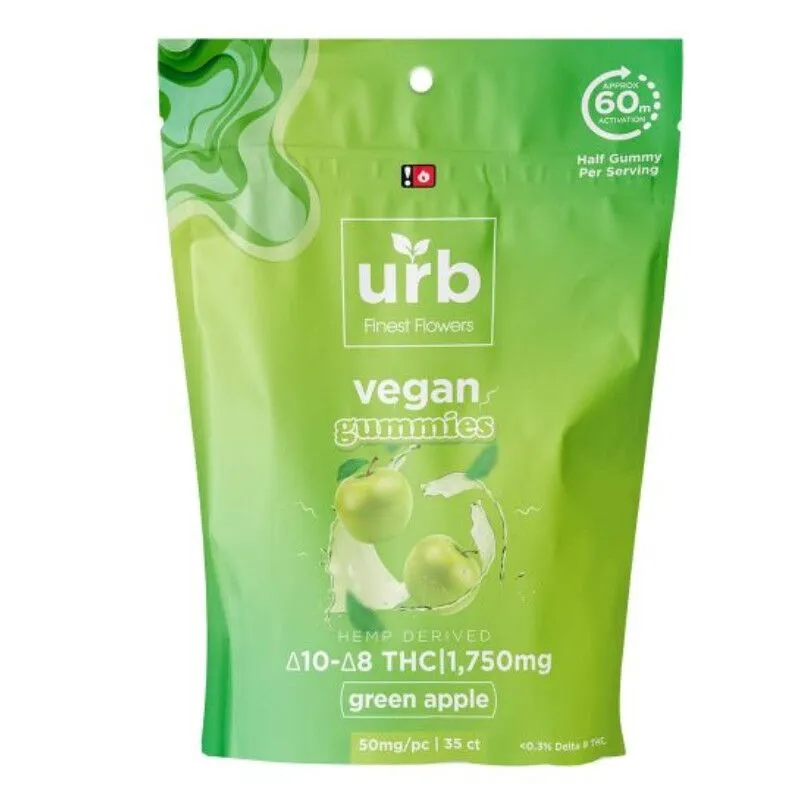 Urb Finest Flowers - Delta 8 Edible - D8:D10 Vegan Gummies - Green Apple - 50mg - 1750mg