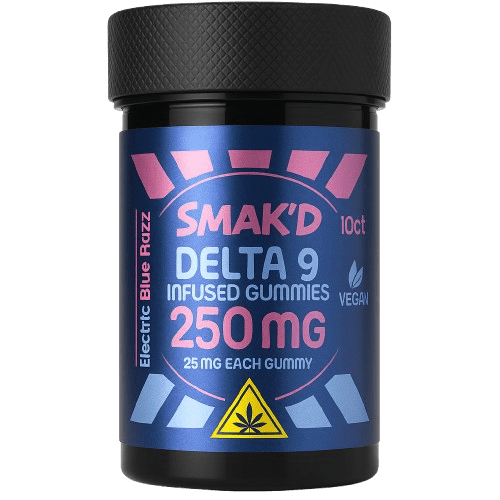 Smak’d Delta 9 Electric Blue Razz 250mg 10ct Vegan Gummies