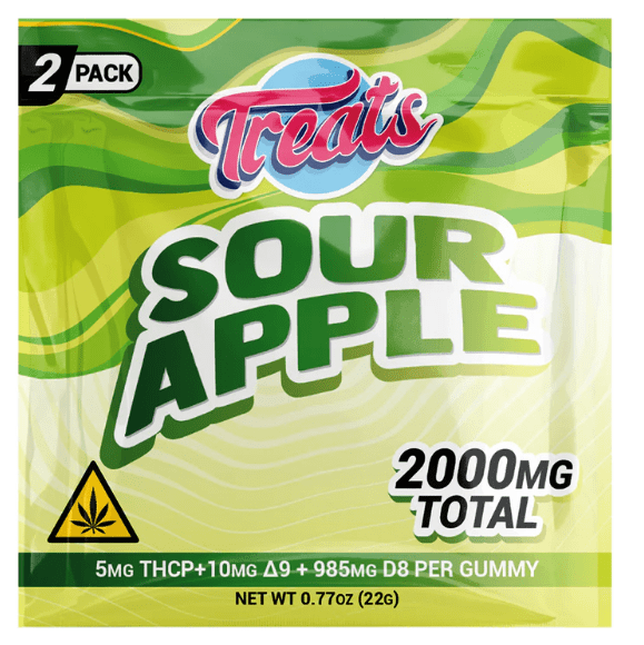 Treats Sour Apple 2-Pack gummies packaging showing 2000mg total cannabinoids with THCP Delta-9 and Delta-8 THC