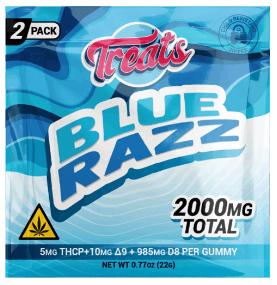 Treats Blue Razz 2-Pack gummies packaging featuring 2000mg total cannabinoids with THCP Delta-9 and Delta-8 THC