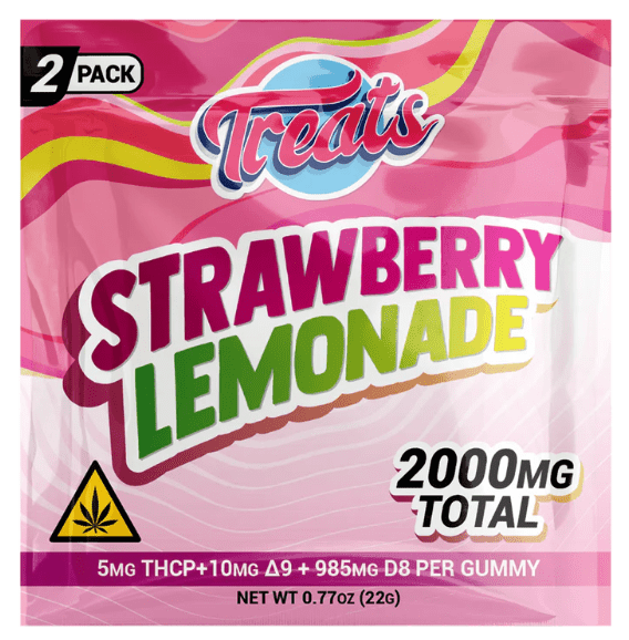 Treats Strawberry Lemonade 2-Pack gummies packaging with 2000mg total cannabinoids THCP Delta-9 and Delta-8 THC