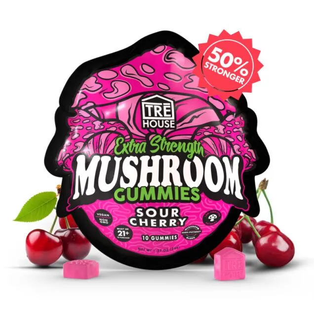 TRĒ House Extra-Strength Mushroom Gummies Sour Cherry flavor 10-count pouch with Neurotonin proprietary blend