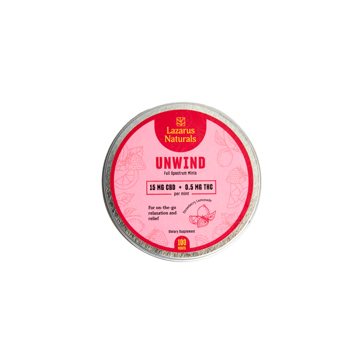 Lazarus Naturals Unwind Strawberry Lemonade Mints – 100ct | 15mg CBD + 0.5mg THC per Mint