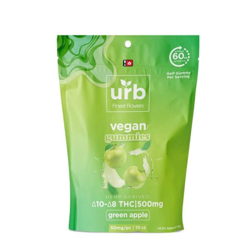 Urb Finest Flowers - Delta 8 Edible - D8:D10 Vegan Gummies - Green Apple - 50mg - 500mg