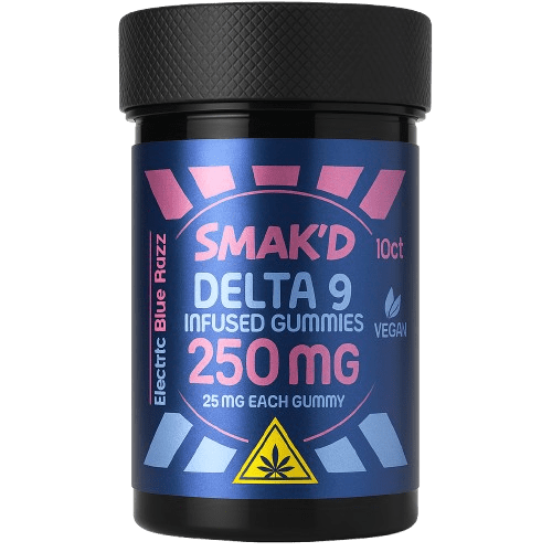 Smak’d Delta 9 Electric Blue Razz 250mg 10ct Vegan Gummies