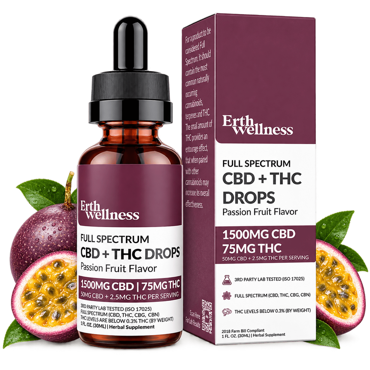 Erth Wellness Full Spectrum CBD + THC Relief Drops Passion Fruit 30mL