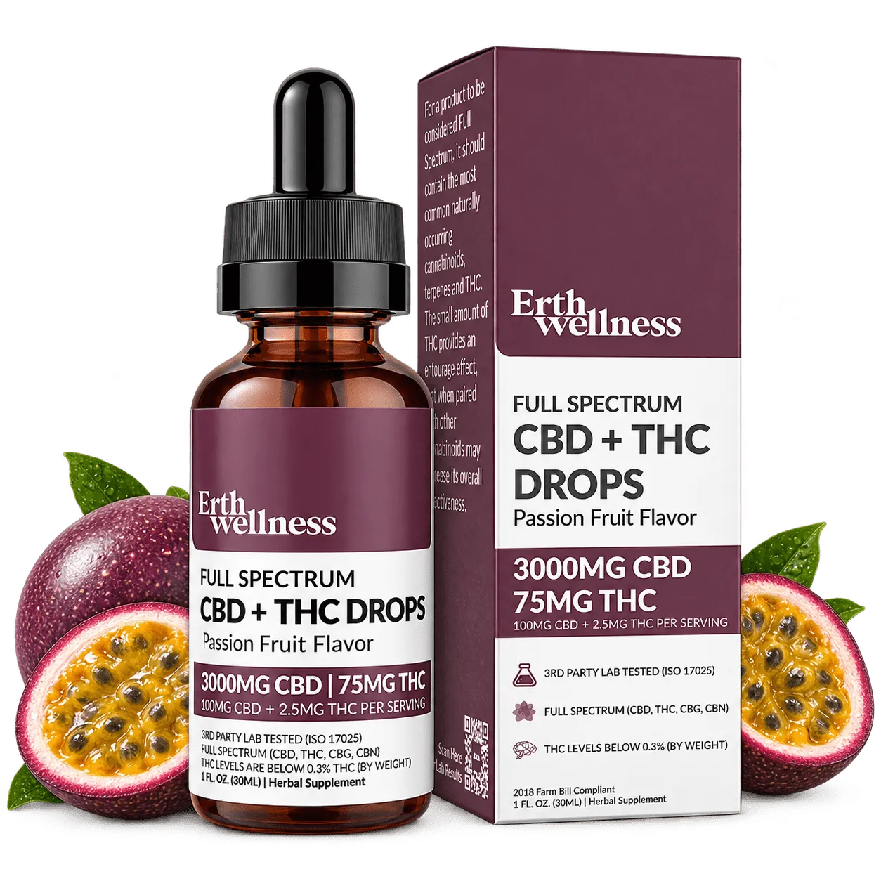 Erth Wellness Full Spectrum CBD + THC Relief Drops Passion Fruit 30mL - Image 2