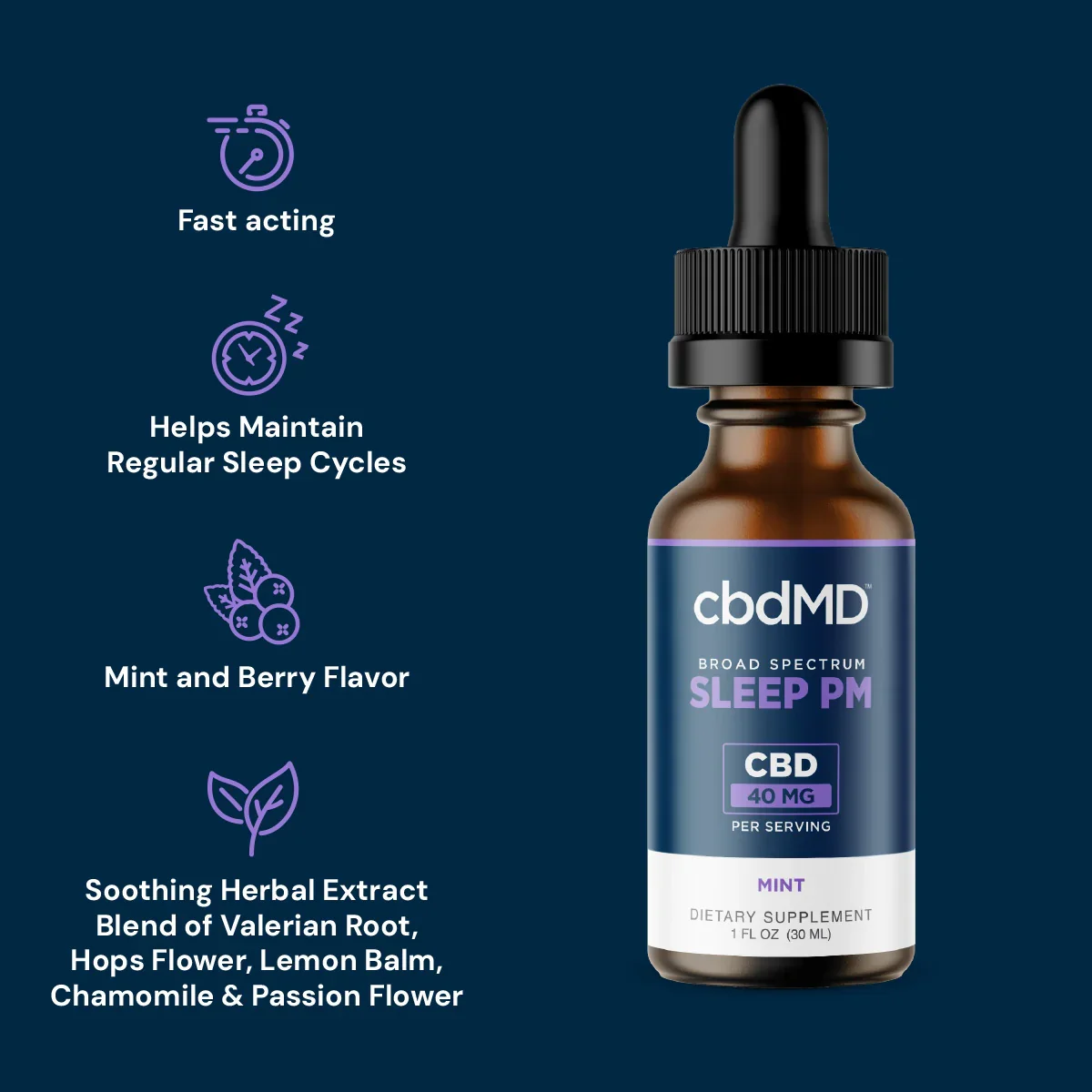 cbdMD Broad Spectrum Sleep PM CBD Oil Tincture Mint -1500MG - 30 ML - Image 2