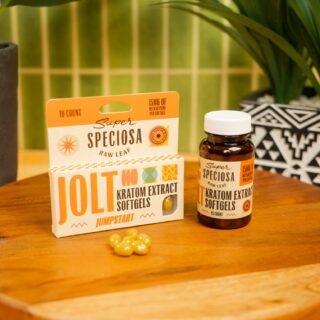 Jolt Kratom Extract Soft Gels Capsules displayed and styled. Super Speciosa's premium kratom extract product. Buy kratom extract pills today