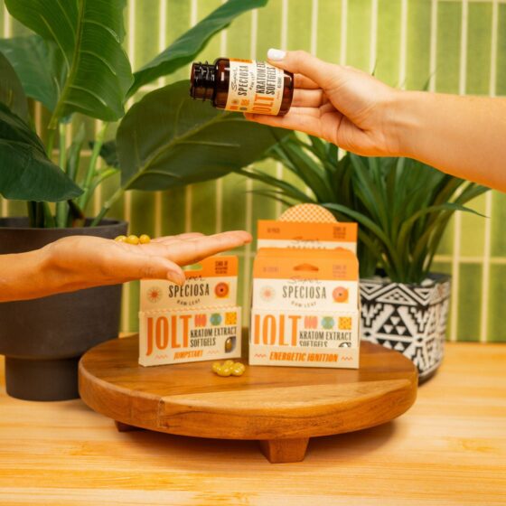 Jolt Kratom Extract Soft Gels Capsules displayed and styled. Super Speciosa's premium kratom extract product. Buy kratom extract pills today