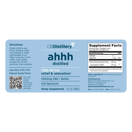 CBDistillery ahhh Distilled Relief & Relaxation Full Spectrum CBD Oil – 2500MG – 30mL - Image 2
