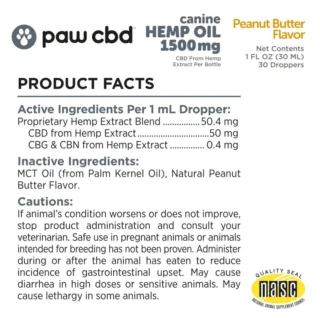 PAW CBD – CBD -Canine Hemp Oil - Peanut Butter – 300mg – 30ml