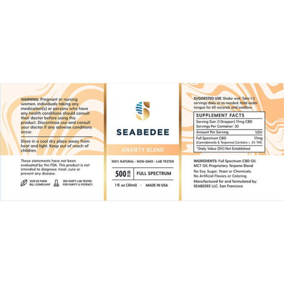 Seabedee - CBD Tincture - Anxiety Blend - 500mg - Label