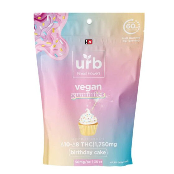 Urb Finest Flowers - Delta 8 Edible - D8:D10 Vegan Gummies - Birthday Cake - 50mg - 1750mg
