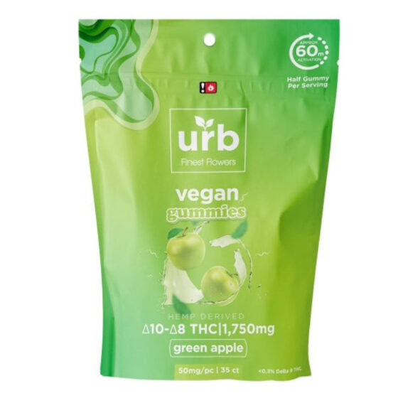 Urb Finest Flowers - Delta 8 Edible - D8:D10 Vegan Gummies - Green Apple - 50mg - 1750mg