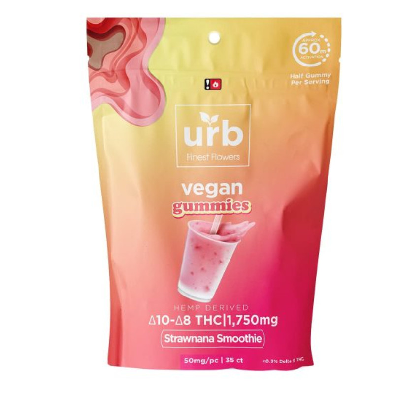 Urb Finest Flowers - Delta 8 Edible - D8:D10 Vegan Gummies - Strawnana Smoothie - 50mg- 1750mg