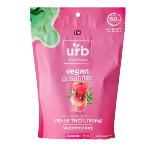 Urb Finest Flowers - Delta 8 Edible - D8:D10 Vegan Gummies - Watermelon - 50mg - 1750mg