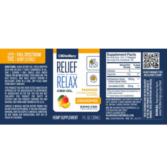 CBDistillery - CBD Oil -Relief + Relax Full Spectrum Tincture - Mango - 2500mg Back Label