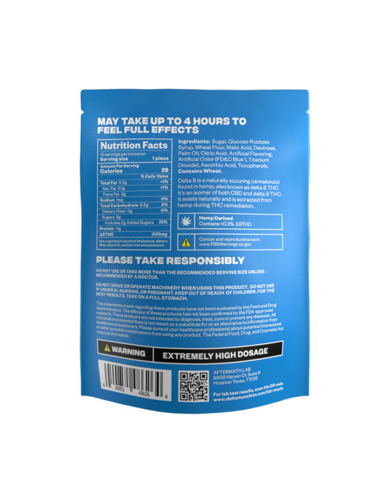 Delta Munchies - Delta 8 Edible - Berry Blue Sour Belts - 3000mg - Nutrition Facts