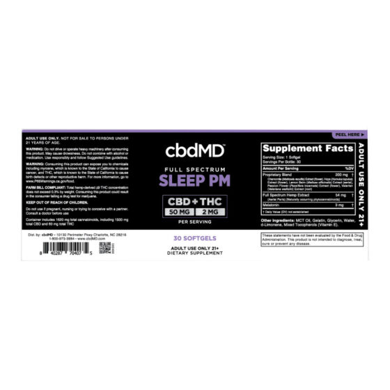 cbdMD - CBD Oil - CBD:THC Sleep PM Softgels - 52mg - Label