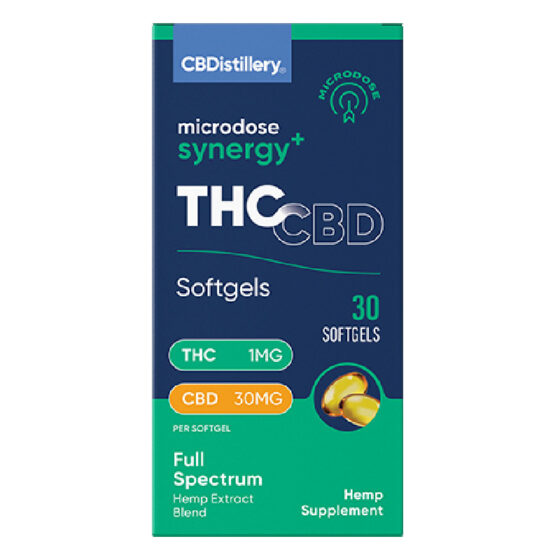 THC Oil - Microdose Synergy+ Softgels - 30ml - By CBDistillery - 30 Count Bottle - Front Label