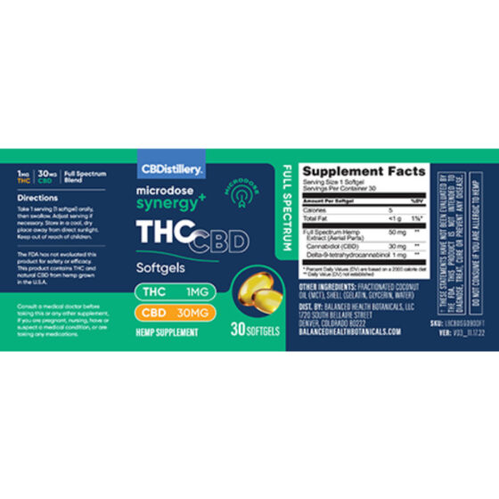 THC Oil - Microdose Synergy+ Softgels - 30ml - By CBDistillery - 30 Count Bottle - Back Label