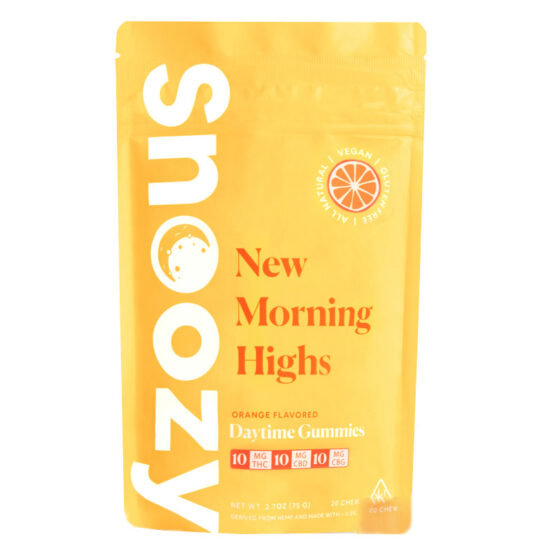 THC Edibles - Orange Flavored New Morning Highs Daytime D9 Gummies + CBD - 30mg - By Snoozy - 20 Count Pouch Front