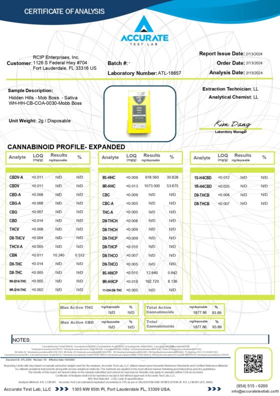 Hidden Hills Live Shatter Cart - 2g Cartridge HHC Blend