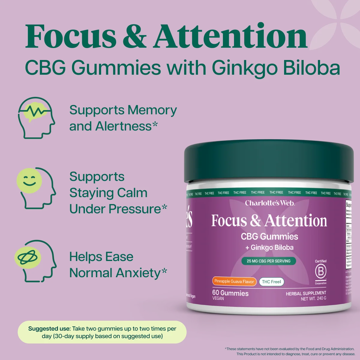 Charlotte’s Web CBG Focus & Attention Gummies THC-Free Pineapple Guava 60 Count - Image 2