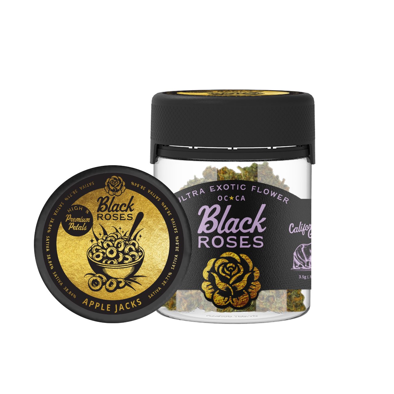 Black Roses THC-A Apple Jack Ultra Exotic Flower 3.5 g jar with green and orange buds rich in terpenes