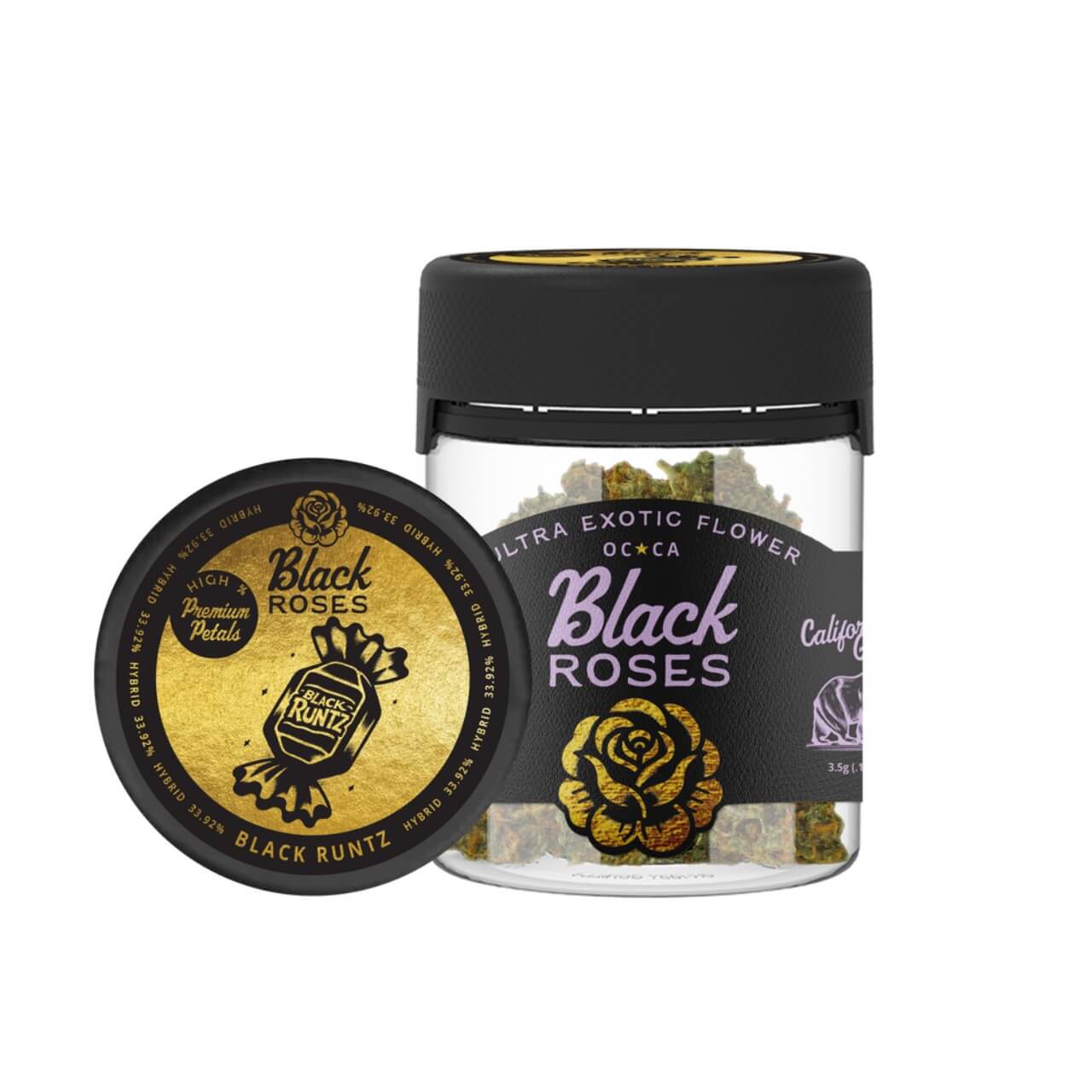 Black Roses THC-A Black Runtz Ultra Exotic Flower 3.5 g jar with colorful buds emitting a tropical fruit aroma