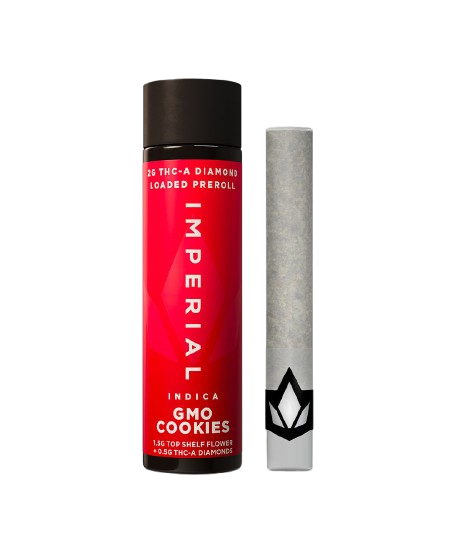Imperial GMO Cookies THCA Diamond Loaded Preroll 2g – Indica strain with 1.5g flower and 0.5g THCA diamonds