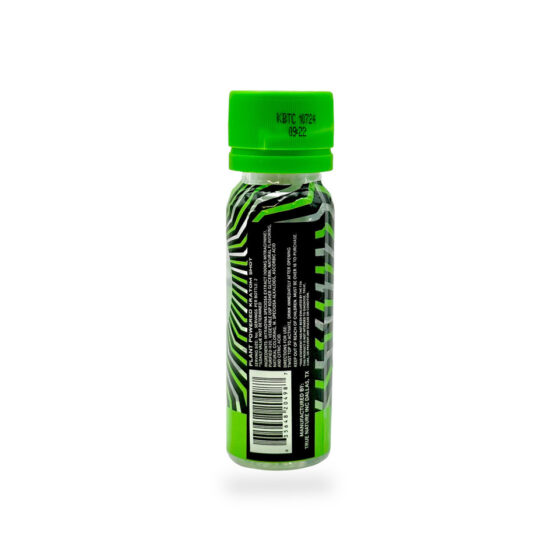 2oz bottle of K Blast Kratom Liquid Energy Shot with a VESSL cap, featuring a vibrant label with tropical citrus imagery and text highlighting 100mg of mitragynine, organic ingredients, and a refreshing flavor.