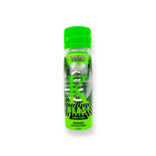 2oz bottle of K Blast Kratom Liquid Energy Shot with a VESSL cap, featuring a vibrant label with tropical citrus imagery and text highlighting 100mg of mitragynine, organic ingredients, and a refreshing flavor.